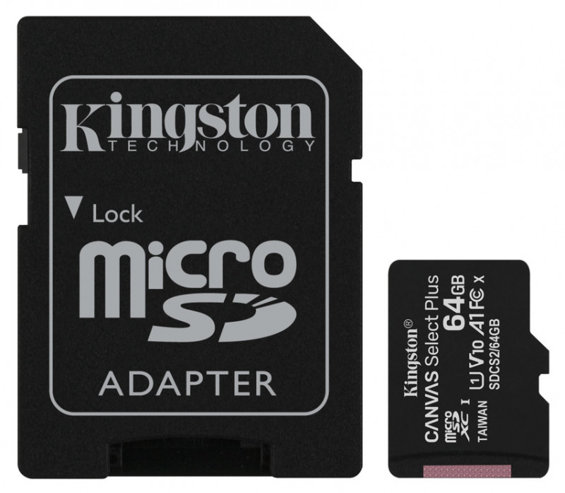 Карта памяти MicroSD 64Гб Kingston Class 10 Canvas Select Plus A1 U1 V10 (100 Mb/s) + SD адаптер